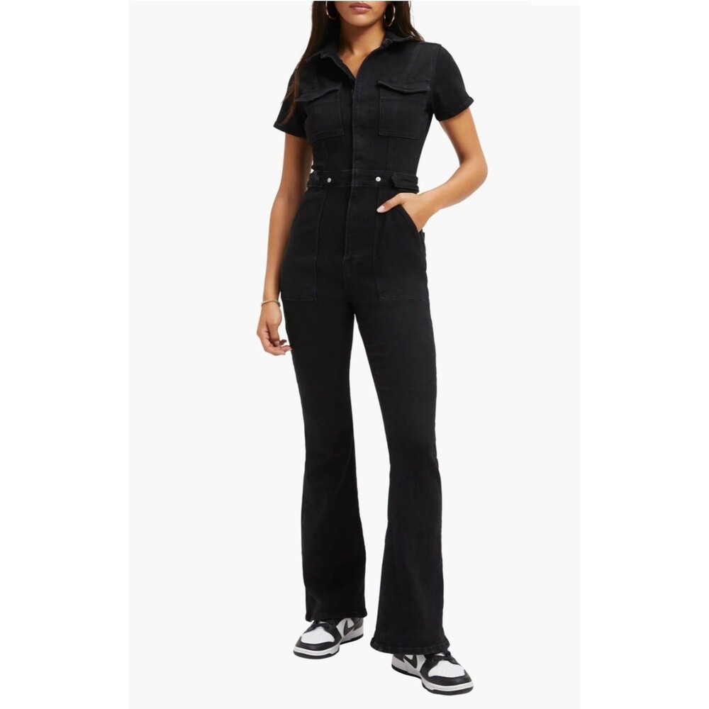 Good American Fit For Success Short Sleeve Bootcut Jumpsuit Black Denim Size 2
